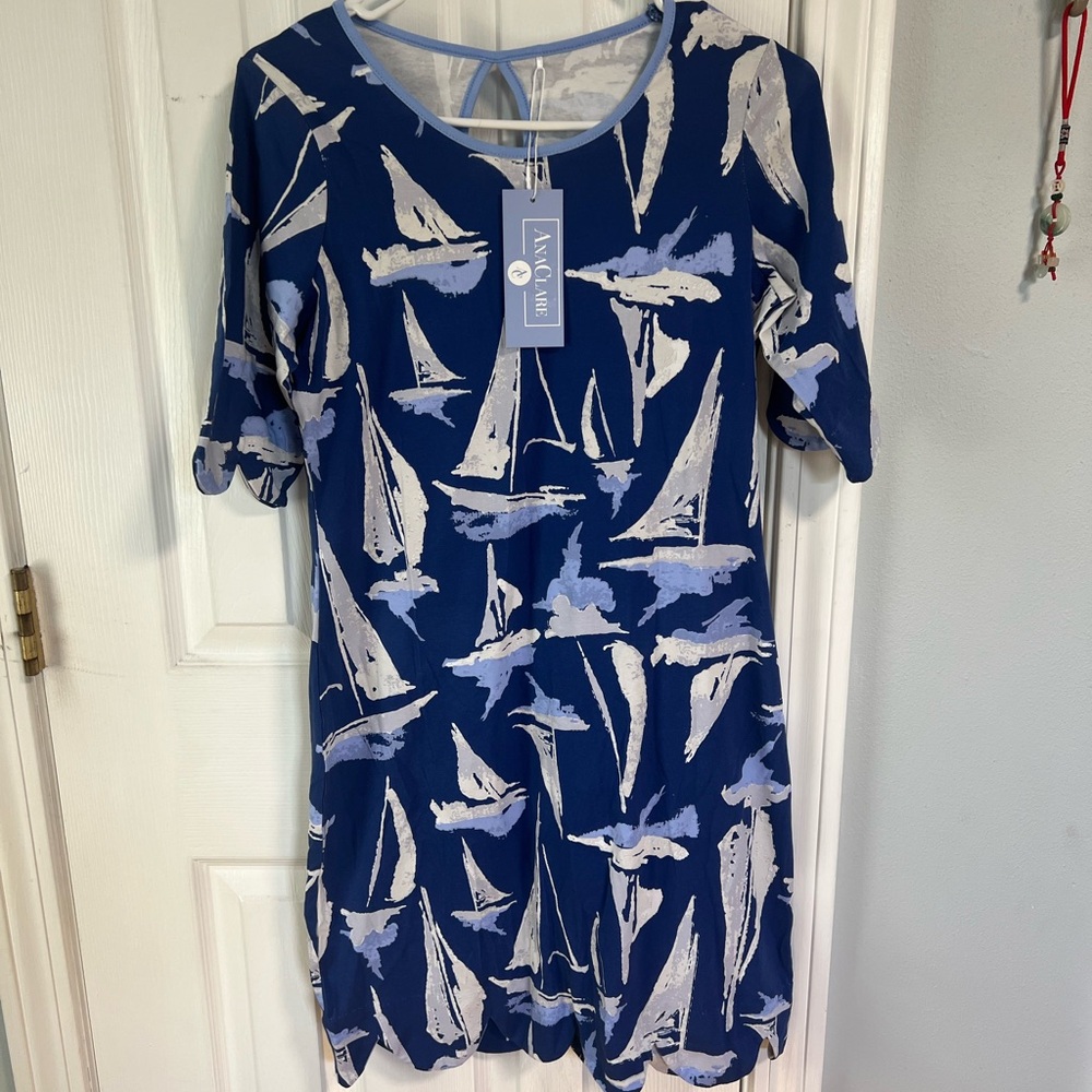 Anaclaré Navy & White Sailboat Print Dress Size Small. NWT